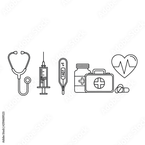 Line art illustration of various medical tools and healthcare equipment including a stethoscope, syringe, thermometer, first aid kit, and pills.