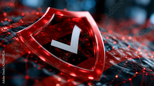 Modern cybersecurity artwork with a glowing red shield emitting soft internal light, clean verification checkmark, layered digital wave textures, abstract network connections and luminous particles 