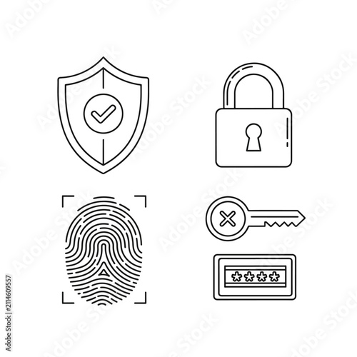 Security and protection line icons set with shield, padlock, fingerprint, key, and password field for digital safety.