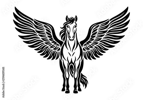 Pegasus winged horse black and white vector illustrations featuring head portrait, grazing, and dynamic flying poses