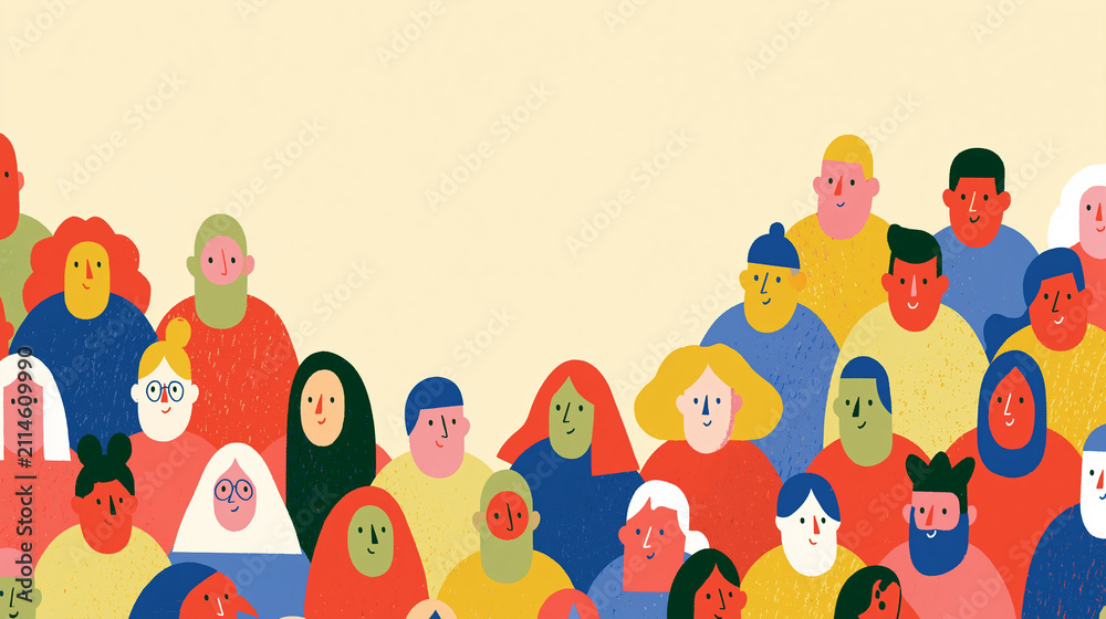Fototapeta premium A diverse group of stylized people in vibrant colors creating a lively atmosphere.