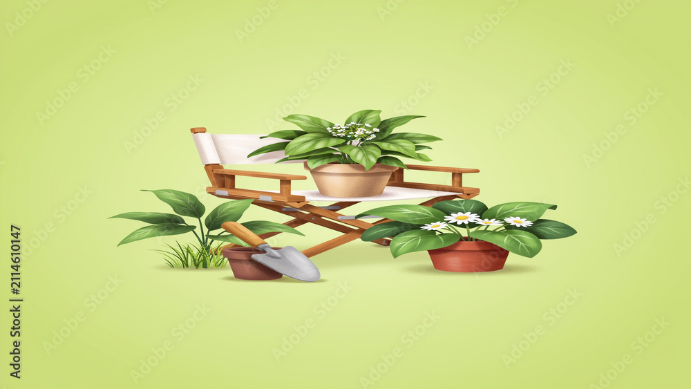 Fototapeta premium Books and potted plants on a wooden shelf and table with home decor, plant pots
