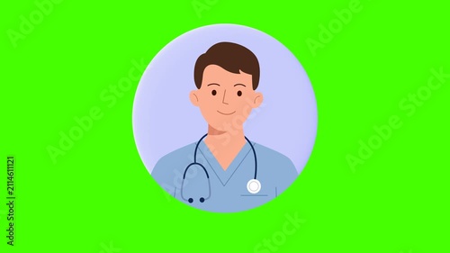 Male doctor with stethoscope, loop video, 2d animation, alpha channel, character avatar