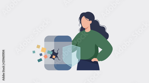 Woman with hacked smartphone data breach and cyber vulnerability concept vector illustration