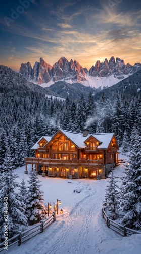 Charming wooden cabin nestled in a snowy forest with stunning mountains in the background during a beautiful sunset