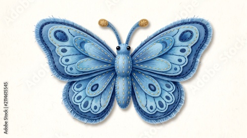 Handmade blue felt butterfly illustration with stitched wings on white background