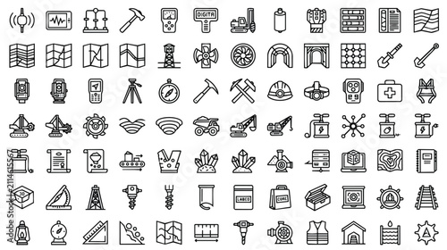 Bild auf Leinwand Mining industry line icons set, professional coal extraction and geology equipme