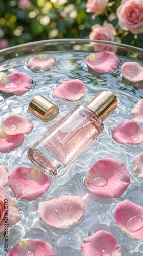 Stylish fragrance container nestled among soft rose petals and glistening water droplets in a tranquil environment