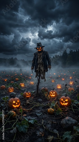 Spooky halloween atmosphere featuring a scarecrow amidst glowing jack o lanterns in a vibrant pumpkin patch