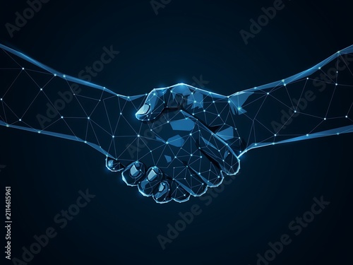 Digital handshake formed by glowing blue lines and dots representing network connectivity and global partnership