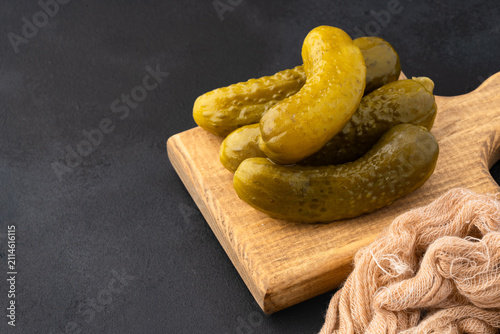 Fresh Homemade Crunchy Gherkin Pickles on Black  Background , Close Up Food Photography