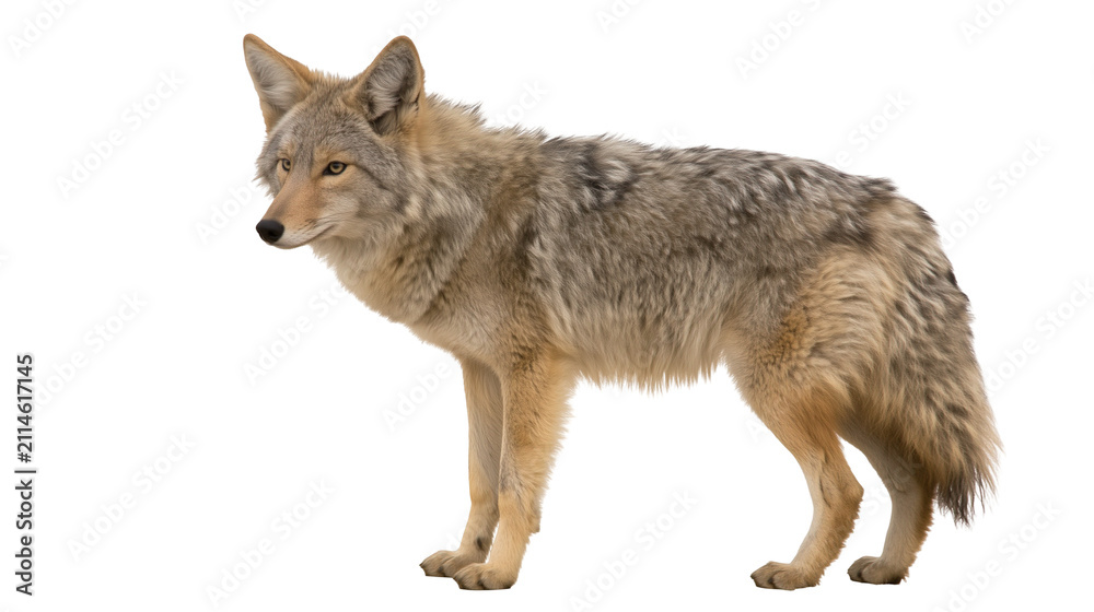 Fototapeta premium Coyote standing profile view on white