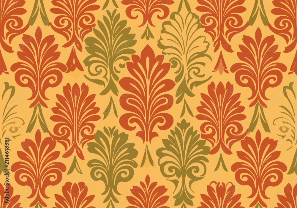 Fototapeta premium Ornate Luxury Damask Background Featuring Elegant Repeating Botanical Motifs