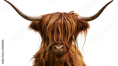 Obraz na płótnie Highland cow with long shaggy brown hair and large horns