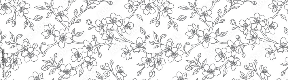 Fototapeta premium Delicate floral sketch pattern, spring blossom branches