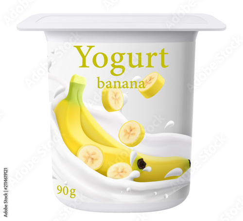 Banana yogurt package design. Dairy product. Banana-flavored yogurt. Closed jar for fermented milk food. Healthy snack. Cream dessert container mockup. 3D pot with foil cap. Vector plastic packaging