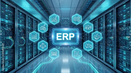 Enterprise resource planning software system integration concept inside modern data center