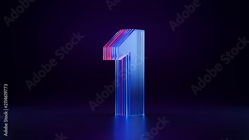 A glowing glass number one digit isolated on a dark purple background with soft neon light reflections