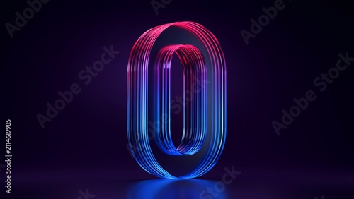 Abstract 3D rendering of the number zero with glowing neon pink and blue light lines on dark background