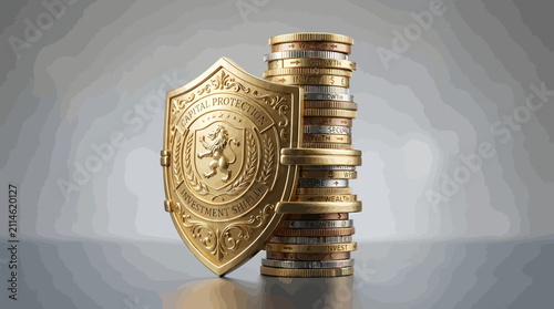 Golden shield protecting a tall stack of currency coins