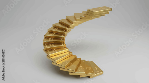 Gold bars stacked in a curved staircase formation representing growth