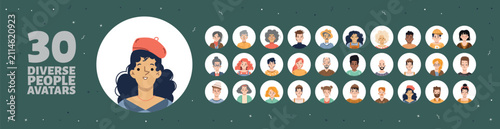 Collection of 30 diverse people avatars flat design icons for profiles and us