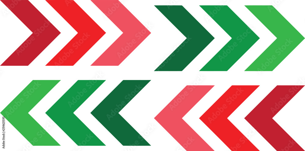 Fototapeta premium A collection of red and green chevron arrow icons arranged in rows against a plain white background surface