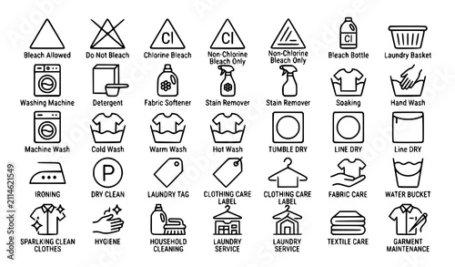 Bleaching Laundry Care Line Icons Set Editable Stroke Vector