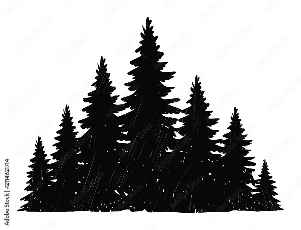 Obraz premium Dibujo a mano de una silueta de bosque de pinos aislada sobre fondo blanco