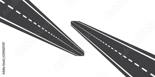 Abstract illustration of two converging asphalt roads with white lane markings isolated on a plain white background