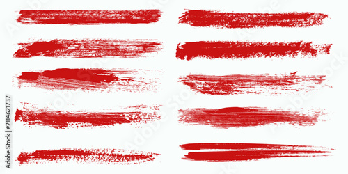 Straight red ink vector lines pack. Bloody color long and round hand-drawn brushstroke text highlights, frames, circles. Asian calligraphy brushstroke set. Rough grunge abstract blood color scribbles