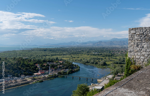 View from Rozafa castle wall over Buna river and Lake Skadar landscape in Albania