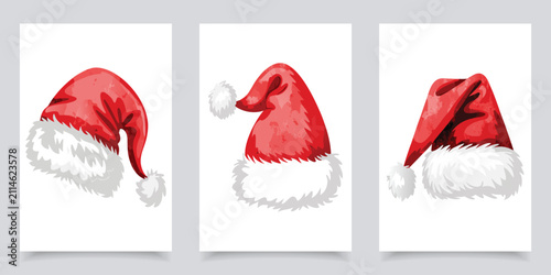 Set of watercolor red Santa Claus hats vector illustration isolated on white background.