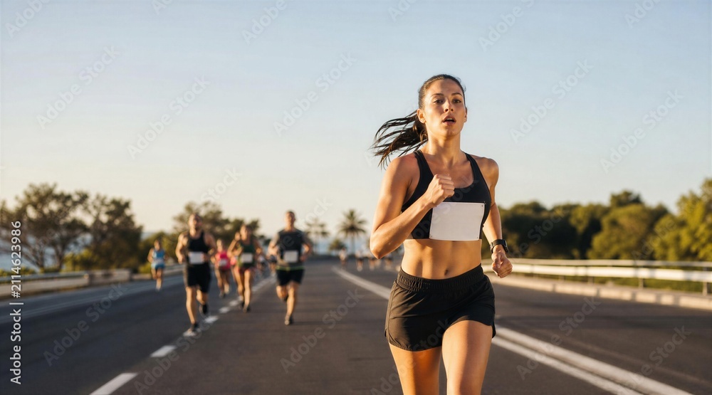 Fototapeta premium Woman Leading Marathon Race on Open Road at Sunrise