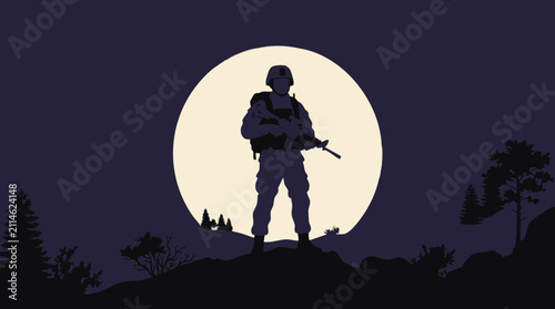 Konstfotografi Soldier silhouette with rifle, full moon, and helicopters in night sky