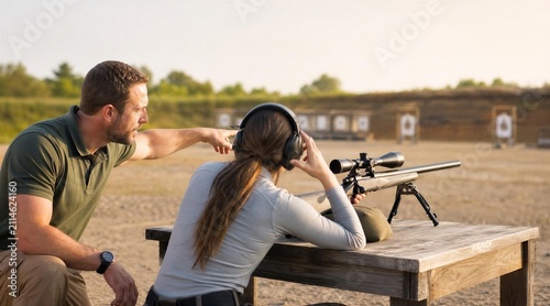 Instructor Teaching Woman to Shoot Rifle at Outdoor Range