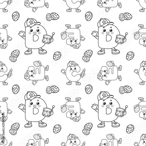 Cute Kawaii Alphabet Seamless Pattern with Letters C, D and E | Black and White Educational Coloring Page Background. Cute black and white seamless pattern featuring kawaii alphabet letters C, D, E.