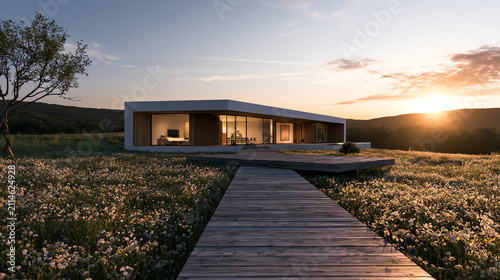 A modern house stands amidst a field of flowers at sunset, showcasing contemporary design and natural beauty.