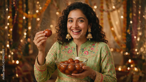 happy young indian woman celebrating diwali festival at home