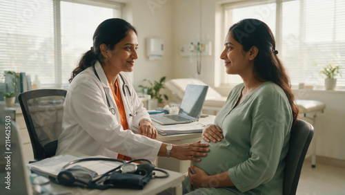 indian female doctor checking indian pregnant woman at hospital