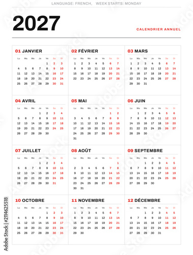 2027 french calendar from France portrait illustration - calendrier