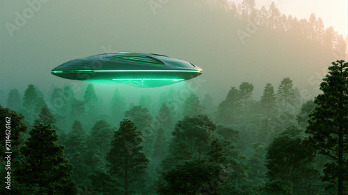 Futuristic spaceship hovering above a foggy forest landscape. Unidentified flying object with green light in the sky. Advanced alien technology and science fiction exploration concept.