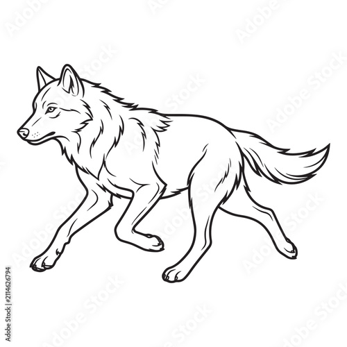 Running wolf line art vector illustration for children coloring sheet design asset.