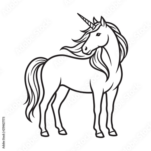 Beautiful line art illustration of a magical unicorn looking back for creative arts.