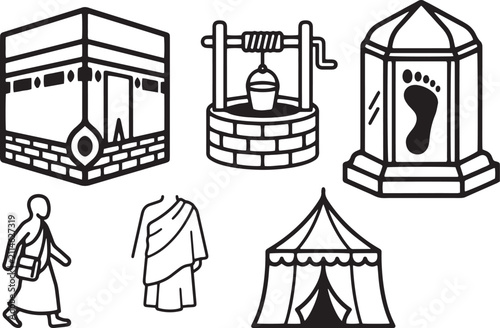 Set of black and white icons featuring religious pilgrimage symbols and holy objects.