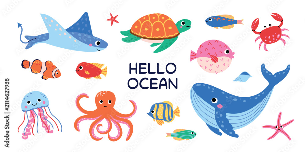 Fototapeta premium Cute sea animals collection with whale, shark, turtle, octopus, jellyfish, fish, crab and starfish. Ocean life vector set. Isolated on white background.