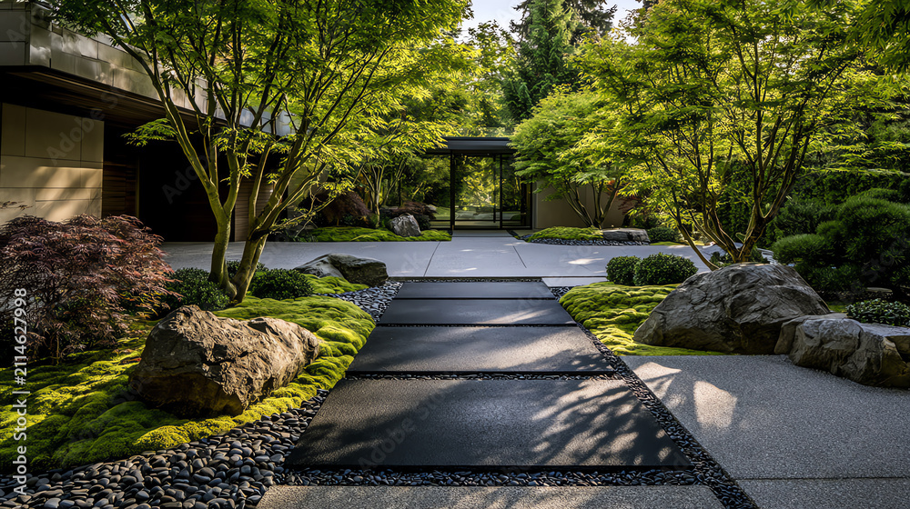 Obraz premium A serene garden pathway surrounded by lush greenery, offering a peaceful retreat in nature's embrace.