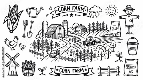 Corn Farm Doodle Illustration, Hand Drawn Agriculture Landscape Line Art Style
