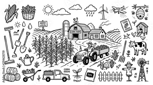 Corn Farm Doodle Illustration, Hand Drawn Agriculture Landscape Line Art Style