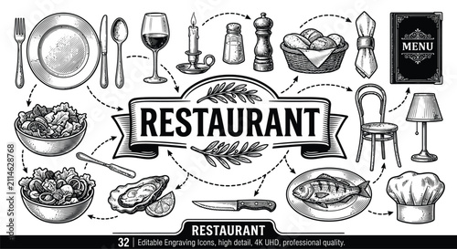 Vintage black and white engraving style restaurant illustration featuring dining icons like plate, cutlery, wine glass, menu, chef hat, and food items for fine dining menu design.